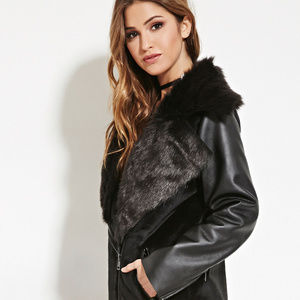 Forever 21 Black Faux Fur Plush Leather Jacket, L